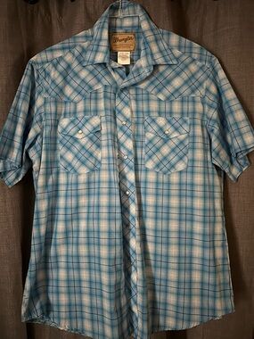 Wrangler Light Blue Plaid Short Sleeve Western Shirt